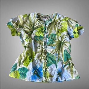 Caribbean Joe Green and Blue Floral Blouse